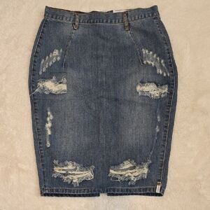 Distressed Denim Pencil Skirt